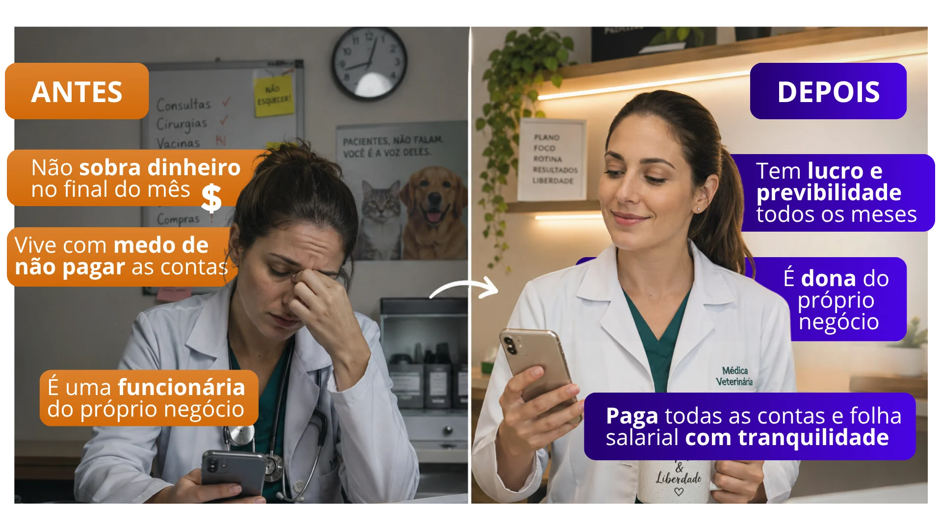 Antes e depois da clínica veterinária